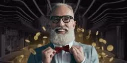 The Mr Fortune host adjusting his bow tie among falling gold coins