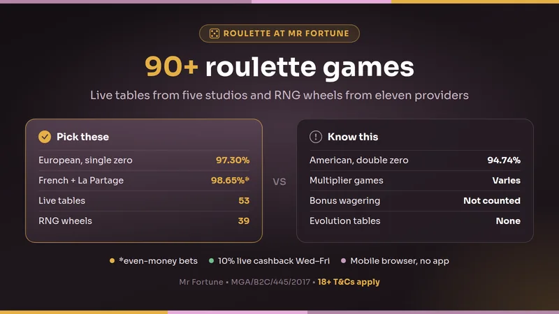 Mr Fortune roulette in Ireland: 53 live tables and 39 RNG wheels, European 97.30 percent, French with La Partage 98.65 percent on even money, American 94.74 percent
